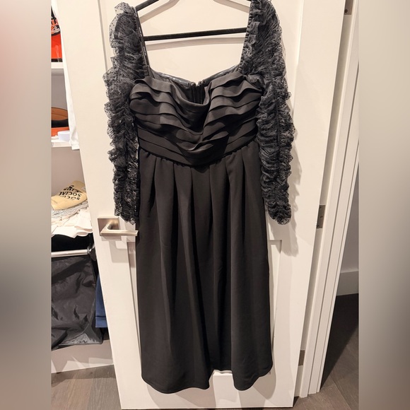 self-portrait Crepe Dot Mesh Sleeved Midi Dress Black Ruffle Polka Dot XL - Picture 3 of 12